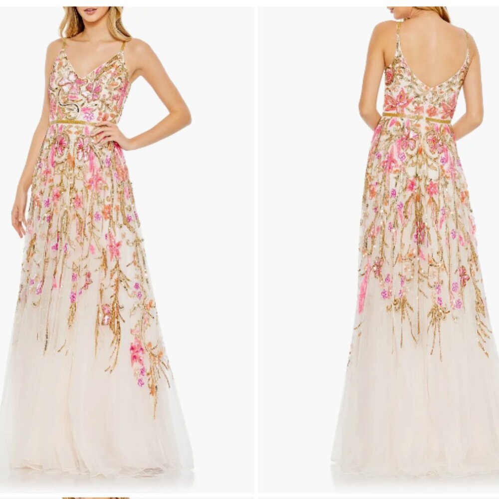 MAC DUGGAL 5671 VNECK FLORAL EMBELLISHED SPAGHETTI STRAPS OYSTER MULTI GOWN  14
